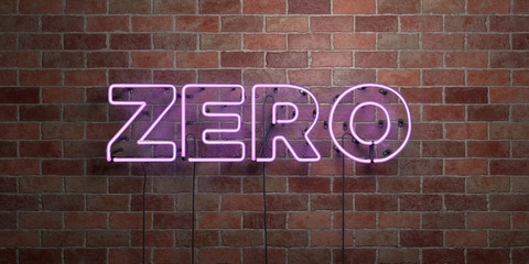 ZERO - fluorescent Neon tube Sign on brickwork - Front view - 3D rendered royalty free stock picture. Can be used for online banner ads and direct mailers..