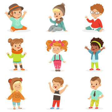Young Children Dressed In Cute Kids Fashion Clothes, Set Of Illustrations With Kids And Style