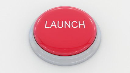 Big red button with launch inscription. Conceptual 3D rendering
