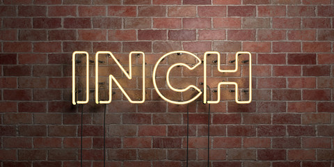 INCH - fluorescent Neon tube Sign on brickwork - Front view - 3D rendered royalty free stock picture. Can be used for online banner ads and direct mailers..
