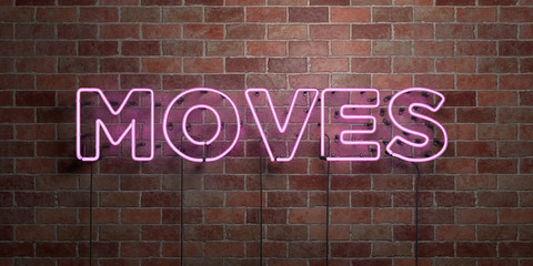 MOVES - fluorescent Neon tube Sign on brickwork - Front view - 3D rendered royalty free stock picture. Can be used for online banner ads and direct mailers..