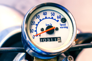 old scooter speedometer, chrome, high mileage, travel concept