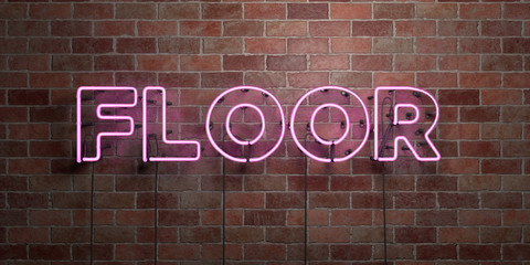 FLOOR - fluorescent Neon tube Sign on brickwork - Front view - 3D rendered royalty free stock picture. Can be used for online banner ads and direct mailers..