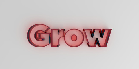 Grow - Red glass text on white background - 3D rendered royalty free stock image.