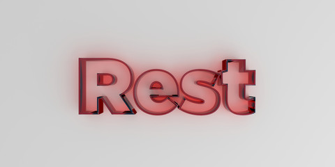 Rest - Red glass text on white background - 3D rendered royalty free stock image.