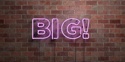BIG! - fluorescent Neon tube Sign on brickwork - Front view - 3D rendered royalty free stock picture. Can be used for online banner ads and direct mailers..