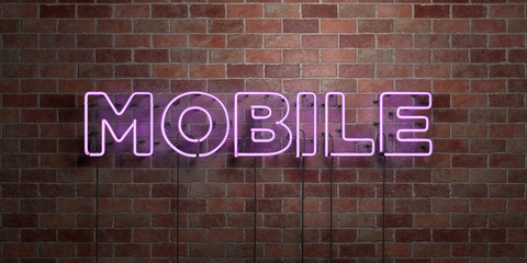 Obraz premium MOBILE - fluorescent Neon tube Sign on brickwork - Front view - 3D rendered royalty free stock picture. Can be used for online banner ads and direct mailers..