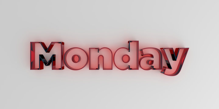 Monday - Red glass text on white background - 3D rendered royalty free stock image.