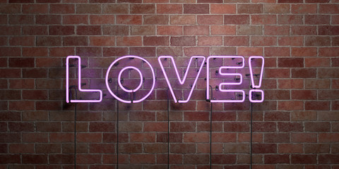 LOVE! - fluorescent Neon tube Sign on brickwork - Front view - 3D rendered royalty free stock picture. Can be used for online banner ads and direct mailers..