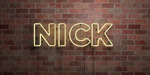 NICK - fluorescent Neon tube Sign on brickwork - Front view - 3D rendered royalty free stock picture. Can be used for online banner ads and direct mailers..