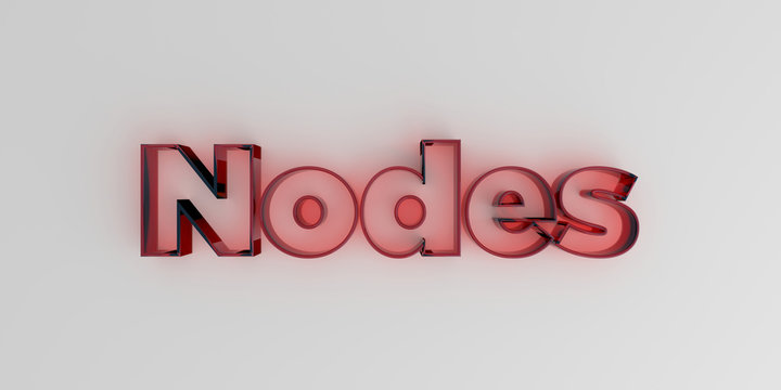 Nodes - Red glass text on white background - 3D rendered royalty free stock image.