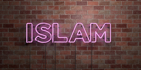 ISLAM - fluorescent Neon tube Sign on brickwork - Front view - 3D rendered royalty free stock picture. Can be used for online banner ads and direct mailers..