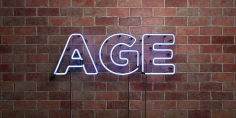 AGE - fluorescent Neon tube Sign on brickwork - Front view - 3D rendered royalty free stock picture. Can be used for online banner ads and direct mailers..