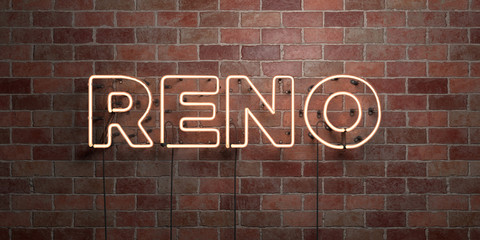 RENO - fluorescent Neon tube Sign on brickwork - Front view - 3D rendered royalty free stock picture. Can be used for online banner ads and direct mailers..