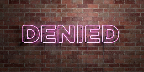 DENIED - fluorescent Neon tube Sign on brickwork - Front view - 3D rendered royalty free stock picture. Can be used for online banner ads and direct mailers..