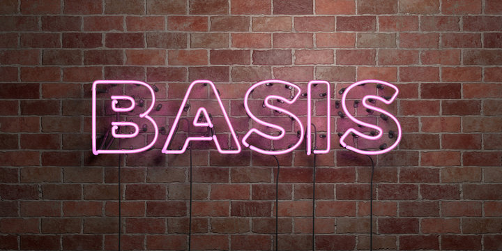 BASIS - fluorescent Neon tube Sign on brickwork - Front view - 3D rendered royalty free stock picture. Can be used for online banner ads and direct mailers..
