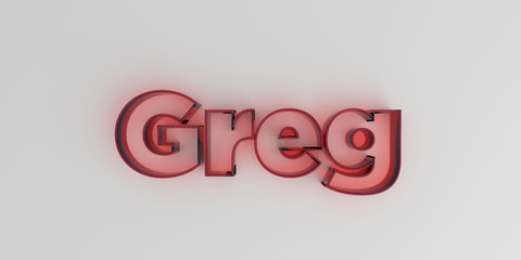 Greg - Red glass text on white background - 3D rendered royalty free stock image.