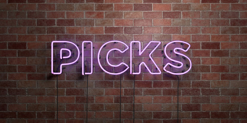 PICKS - fluorescent Neon tube Sign on brickwork - Front view - 3D rendered royalty free stock picture. Can be used for online banner ads and direct mailers..
