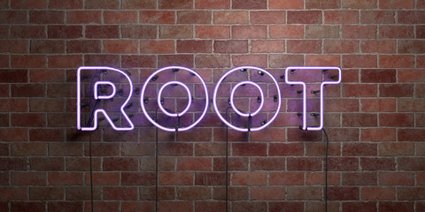 ROOT - fluorescent Neon tube Sign on brickwork - Front view - 3D rendered royalty free stock picture. Can be used for online banner ads and direct mailers..