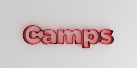 Camps - Red glass text on white background - 3D rendered royalty free stock image.