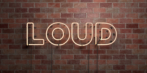 LOUD - fluorescent Neon tube Sign on brickwork - Front view - 3D rendered royalty free stock picture. Can be used for online banner ads and direct mailers..