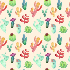 Watercolor cactus seamless pattern. Colorful vibrant cactus succulents