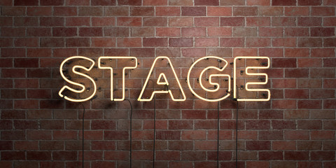 STAGE - fluorescent Neon tube Sign on brickwork - Front view - 3D rendered royalty free stock picture. Can be used for online banner ads and direct mailers..
