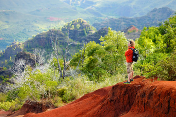 Young male tourist enjoying the view into Waimea Canyon, Kauai, Hawaii