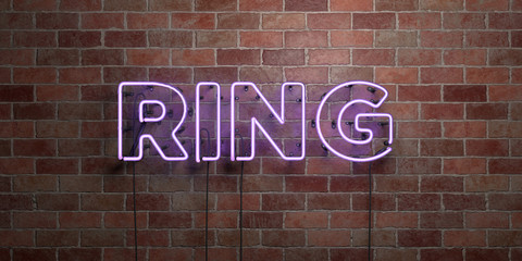 RING - fluorescent Neon tube Sign on brickwork - Front view - 3D rendered royalty free stock picture. Can be used for online banner ads and direct mailers..