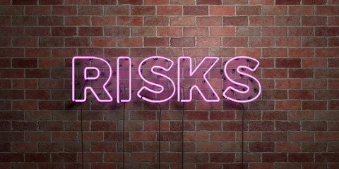 RISKS - fluorescent Neon tube Sign on brickwork - Front view - 3D rendered royalty free stock picture. Can be used for online banner ads and direct mailers..