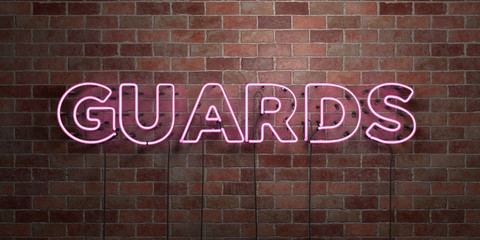 GUARDS - fluorescent Neon tube Sign on brickwork - Front view - 3D rendered royalty free stock picture. Can be used for online banner ads and direct mailers..