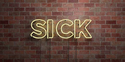 SICK - fluorescent Neon tube Sign on brickwork - Front view - 3D rendered royalty free stock picture. Can be used for online banner ads and direct mailers..