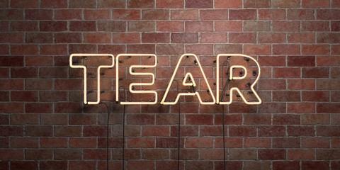 Fototapeta na wymiar TEAR - fluorescent Neon tube Sign on brickwork - Front view - 3D rendered royalty free stock picture. Can be used for online banner ads and direct mailers..