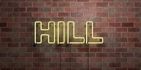 HILL - fluorescent Neon tube Sign on brickwork - Front view - 3D rendered royalty free stock picture. Can be used for online banner ads and direct mailers..