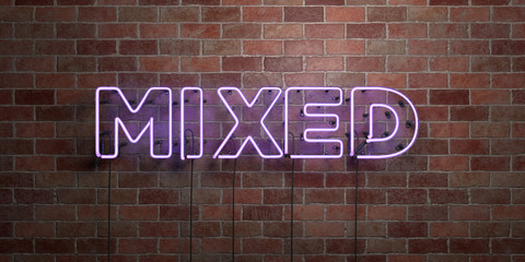 MIXED - fluorescent Neon tube Sign on brickwork - Front view - 3D rendered royalty free stock picture. Can be used for online banner ads and direct mailers..