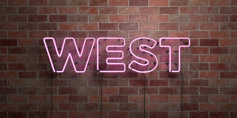 WEST - fluorescent Neon tube Sign on brickwork - Front view - 3D rendered royalty free stock picture. Can be used for online banner ads and direct mailers..