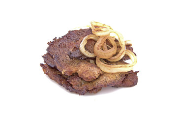 Fried meat with salad on a white background