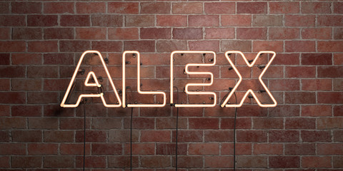 ALEX - fluorescent Neon tube Sign on brickwork - Front view - 3D rendered royalty free stock picture. Can be used for online banner ads and direct mailers..