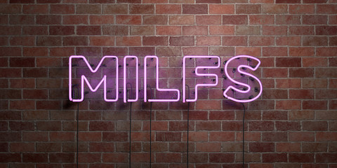 Obraz premium MILFS - fluorescent Neon tube Sign on brickwork - Front view - 3D rendered royalty free stock picture. Can be used for online banner ads and direct mailers..