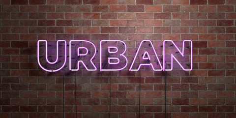 URBAN - fluorescent Neon tube Sign on brickwork - Front view - 3D rendered royalty free stock picture. Can be used for online banner ads and direct mailers..