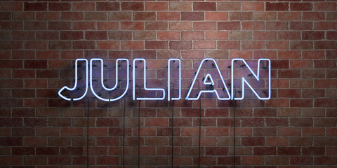 JULIAN - fluorescent Neon tube Sign on brickwork - Front view - 3D rendered royalty free stock picture. Can be used for online banner ads and direct mailers..