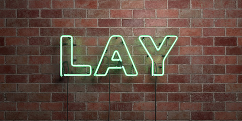 LAY - fluorescent Neon tube Sign on brickwork - Front view - 3D rendered royalty free stock picture. Can be used for online banner ads and direct mailers..