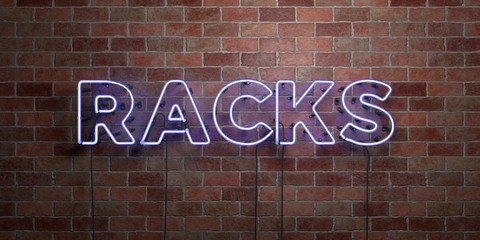 Obraz premium RACKS - fluorescent Neon tube Sign on brickwork - Front view - 3D rendered royalty free stock picture. Can be used for online banner ads and direct mailers..