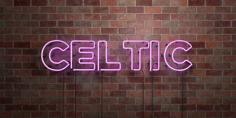CELTIC - fluorescent Neon tube Sign on brickwork - Front view - 3D rendered royalty free stock picture. Can be used for online banner ads and direct mailers..
