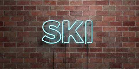 Obraz premium SKI - fluorescent Neon tube Sign on brickwork - Front view - 3D rendered royalty free stock picture. Can be used for online banner ads and direct mailers..