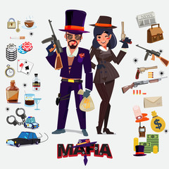 Mafia character design, male and female with icon set. underground gangster concept - vector