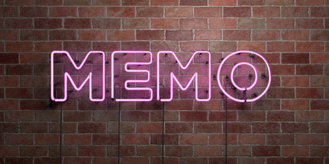 MEMO - fluorescent Neon tube Sign on brickwork - Front view - 3D rendered royalty free stock picture. Can be used for online banner ads and direct mailers..