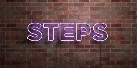 STEPS - fluorescent Neon tube Sign on brickwork - Front view - 3D rendered royalty free stock picture. Can be used for online banner ads and direct mailers..