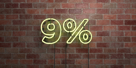 Obraz premium 9% - fluorescent Neon tube Sign on brickwork - Front view - 3D rendered royalty free stock picture. Can be used for online banner ads and direct mailers..