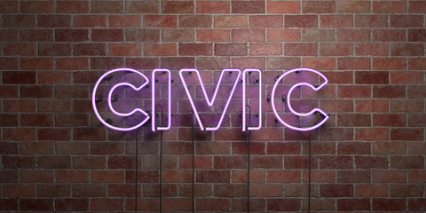 CIVIC - fluorescent Neon tube Sign on brickwork - Front view - 3D rendered royalty free stock picture. Can be used for online banner ads and direct mailers..